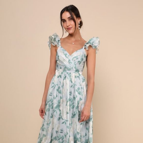 Lulus Soiree Perfection Light Blue Floral Ruffled Tiered Maxi Dress - Size XS - Picture 1 of 1